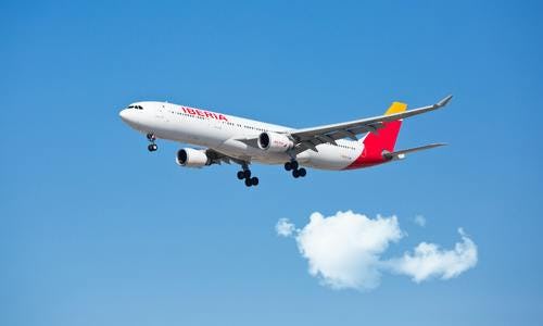 Picture of Iberia airliner with landing gear down